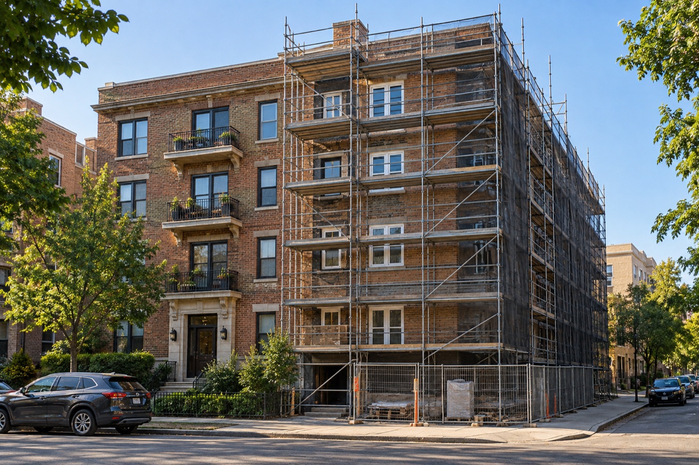 Brick apartment building under renovation with scaffolding on one side
