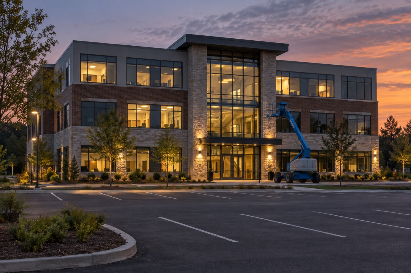 Partly occupied suburban office building under renovation at dusk