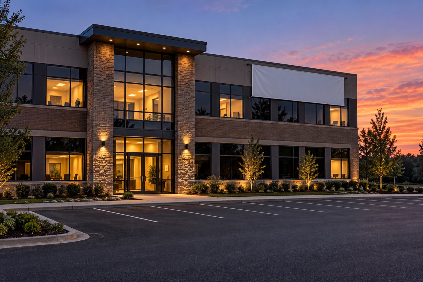 Partly leased office building at dusk, a common candidate for bridge financing before a refinance