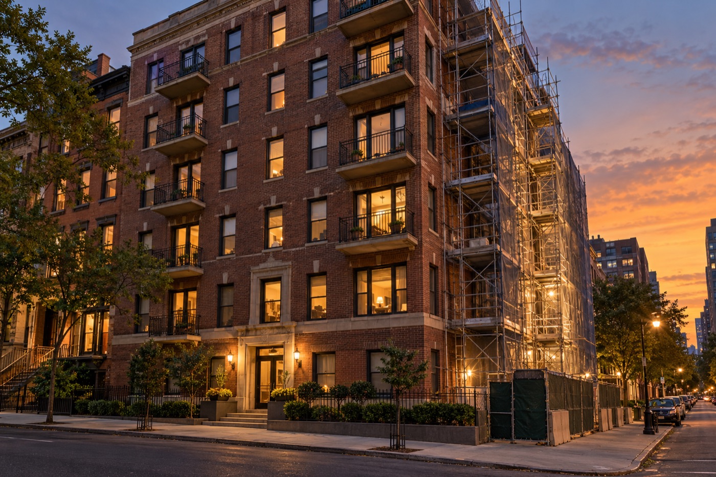 Mid-rise apartment building partly under renovation at dusk